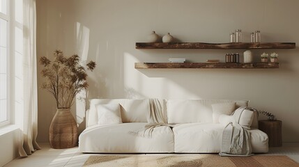 Beige living room interior with wooden shelf, sofa and decorative flowers on beige wall background. Simple home design concept for minimalist modern house interiour.