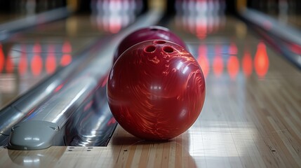 Red bowling ball is sitting on the lane ready to strike.