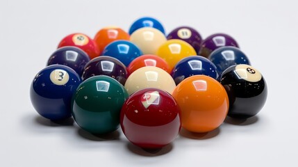 A set of billiard balls are neatly racked in a triangular shape on a white table.