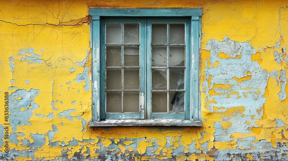 Sticker A window is painted on a yellow wall with peeling paint, AI