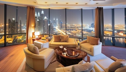 Fototapeta premium Luxurious penthouse in Dubai. Modern living room with night city view