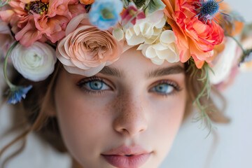 Naklejka premium Close Up Portrait of Woman Wearing Floral Crown with Delicate Flowers and Blue Eyes