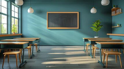 Modern Classroom with Green Walls and Blackboard
