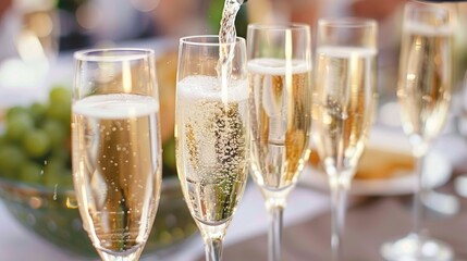 champagne being poured into glasses filled with sparkling wine, each glass brimming with pale yellow liquid adorned with bubbles.