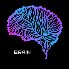 Abstract human brain of lines on black background. Vector illustration