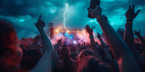 Electrifying Outdoor Music Festival During Thunderstorm with Crowd and Stage Lights