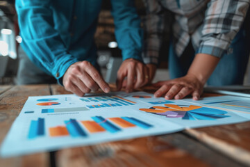 Business team meeting to analyze data charts for marketing plans and office profits.