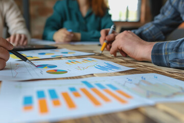 Business team meeting to analyze data charts for marketing plans and office profits.