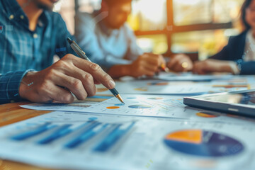 Obraz premium Business team meeting to analyze data charts for marketing plans and office profits.