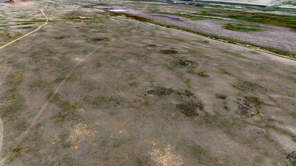sacred shamanic historical places from the height of a drone flight in the southern regions of Altai in May