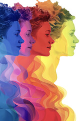 Woman's face replicated in different colors, isolated on a transparent background
