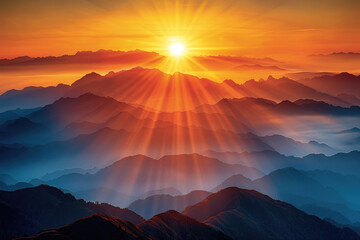 A stunning sunrise over a mountain range with golden hues and misty valleys