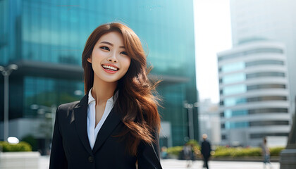 A smiling professional woman with long dark hair wearing a black blazer and white shirt stands in a city street.