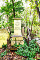 Grabstein inmitten von Bäumen mit einer Einfriedung aus Eisen auf dem Highgate Cemetery Ostteil...