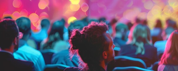 A vibrant conference with a diverse audience attentively engaged in a colorful, illuminated venue setting.