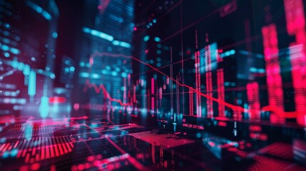 Fototapeta premium Abstract digital financial data visualization with red and blue lights, representing market trends, stock trading, and technology.