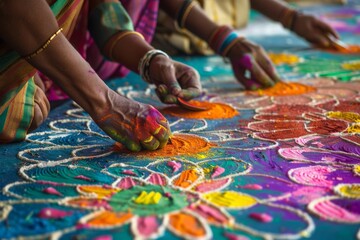 Artists skillfully crafting intricate rangoli designs using an array of colorful powders during a lively cultural festival.