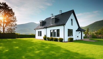 Obraz premium White family house with black pitched roof tiles, and beautiful front yard with green lawn. Outside view