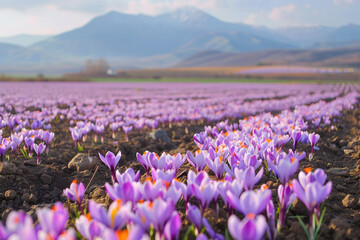 Fototapeta premium Saffron Crocus Field in Full Bloom with Mountain Background