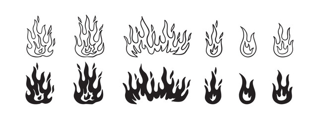 Doodle fire outline set. Vector various fire. flame illustration isolated .  © Yanka