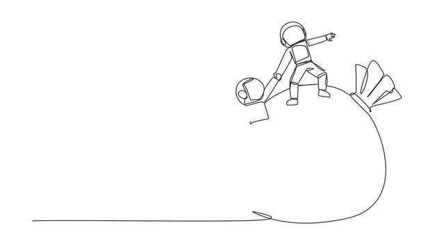 Self drawing animation of single line drawing astronaut helps colleague to climb big money bag. Collaborate to gain mutual benefit. Stronger together. Great teamwork. Cohesive. Full length animated