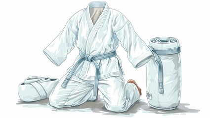 The watercolor painting shows a white karate gi with a blue belt, next to a stack of mats and a pair of gloves.