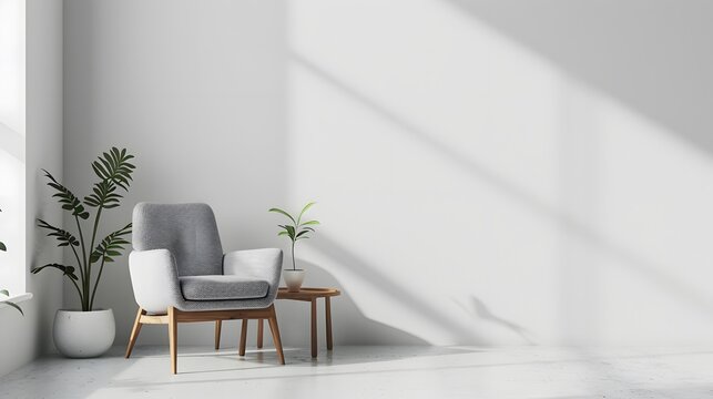 Empty wall background mockup with a grey armchair and wooden side table on a white blank space for design presentation. An interior decoration home decor concept.