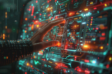 Fototapeta premium Close-up hand that touches on digital, IoT, AI chatbot technology, smart devices, VPN cybersecurity.