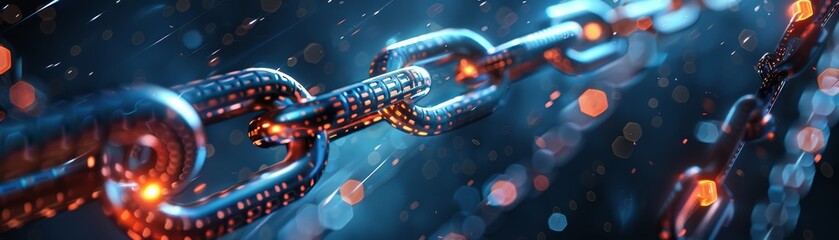 Close-up of a glowing metallic chain with neon lights, symbolizing strength, connection, and technology in a futuristic setting.
