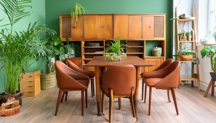Classic scandinavian mid century modern wood, cabinet, plants and leather chairs. Boho style dining room green eco friendly