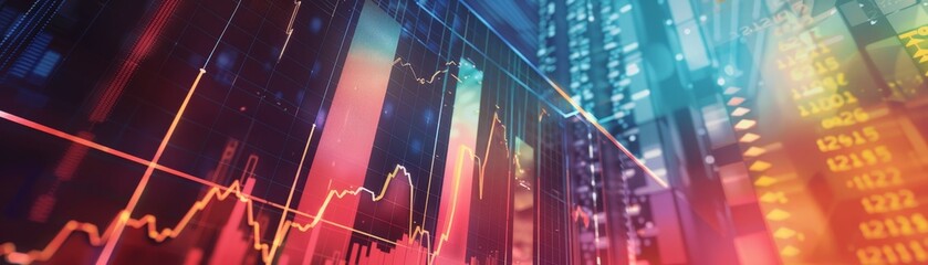 Colorful financial stock market chart with data visualization, analytics, and trading indicators in a futuristic digital background.