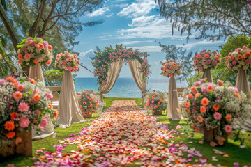 A beautiful wedding ceremony setup with elegant decorations and a scenic backdrop