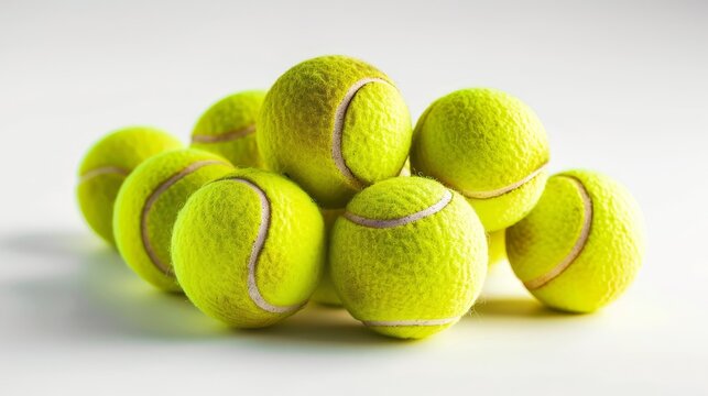 A pile of used tennis balls against a white background.