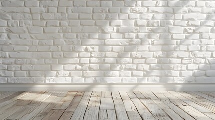 Fototapeta premium Empty white wall background interior with a wooden floor and light beige brick texture, a room mock up for presentation of a design concept in the style of home decoration.