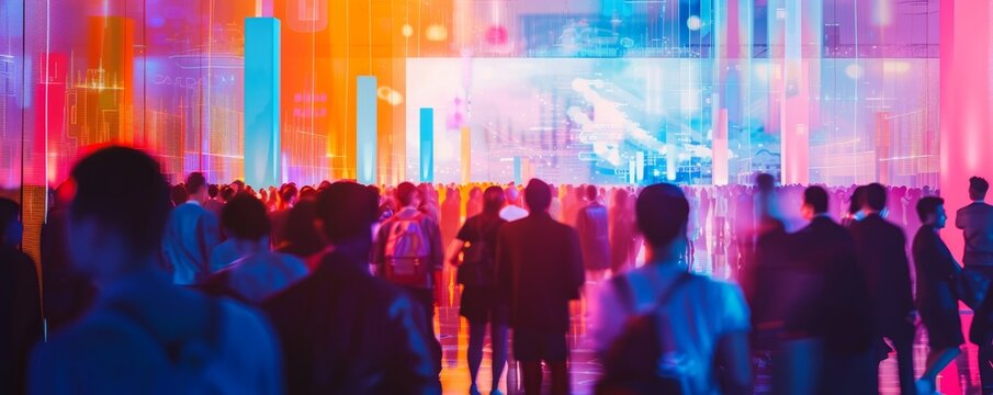 Crowd of people at a vibrant, colorful tech event with digital screens and lights. Blurred figures in a contemporary, bustling atmosphere.