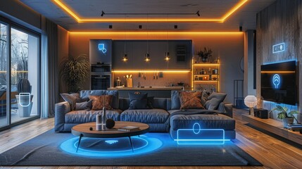 Smart Home Interior: Illustrate the interior of a smart home with integrated technology, voice-activated systems, and minimalist design.