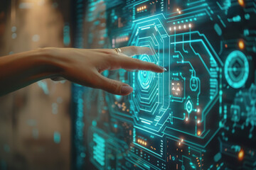 Fototapeta premium Close-up hand that touches on digital, IoT, AI chatbot technology, smart devices, VPN cybersecurity.