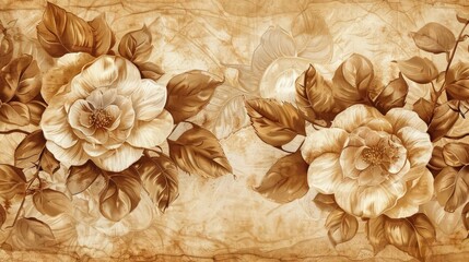 A vintage-inspired Camellia pattern with sepia-toned flowers on an aged parchment background, creating an antique look suitable for classic wallpaper or fabric prints.