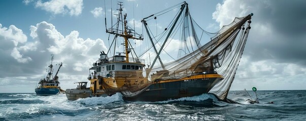 Obraz premium Gigantic fishing boat in the ocean, using large nets to capture fish, Greenpeace vessel observing nearby
