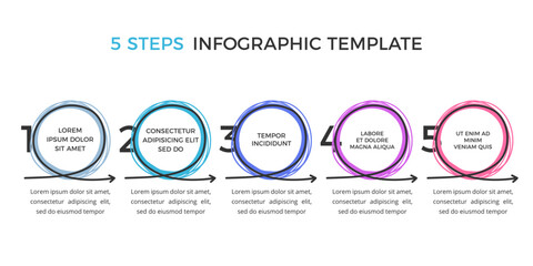 Hand drawn infographic template with five elements for your text circles and arrows, vector eps10 illustration