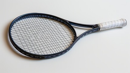 The image shows a blue and white tennis racket. The racket is made of graphite and has a white grip. The racket is strung with white strings.