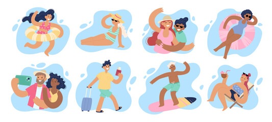 Summer holidays people set. Happy women, men and couples, beach vacation, sun and relax. Concept vector illustration