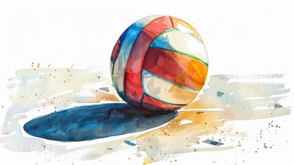 A watercolor painting of a volleyball on the beach.