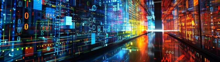 Naklejka premium Futuristic digital data stream background with colorful lights representing technology, data flow, and digital communication in a modern world.