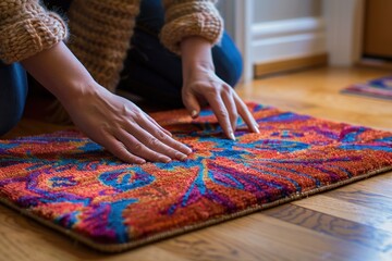 Obraz premium A woman is sitting on the floor with her hands on a colorful rug