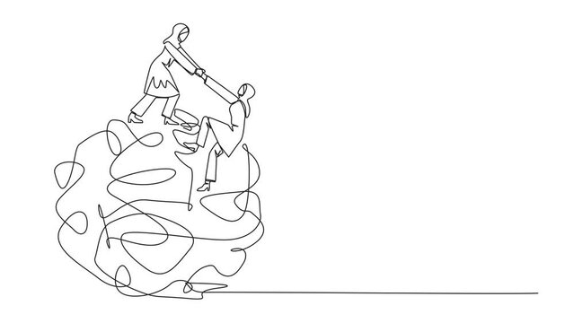 Animation of one line drawing Arab businesswoman helps colleague climb heavy messy circle. Teamwork eliminates anxiety. Eliminate stress. Single line self drawing animated. Full length motion
