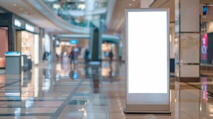 Mockup of blank white vertical indoor advertising roll up stand in shopping centre