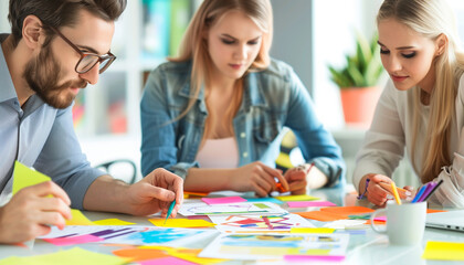 A business team engaged in a creative brainstorming session, with colorful sticky notes and sketches on the table, highlighting collaborative problem-solving