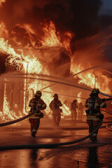Team of firefighters battling a raging fire with water hoses