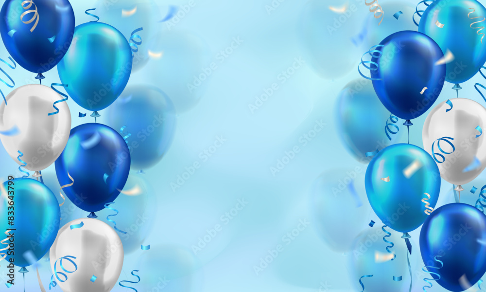 Poster template of background with 3d blue and white realistic balloons with confetti ribbons frame and emp